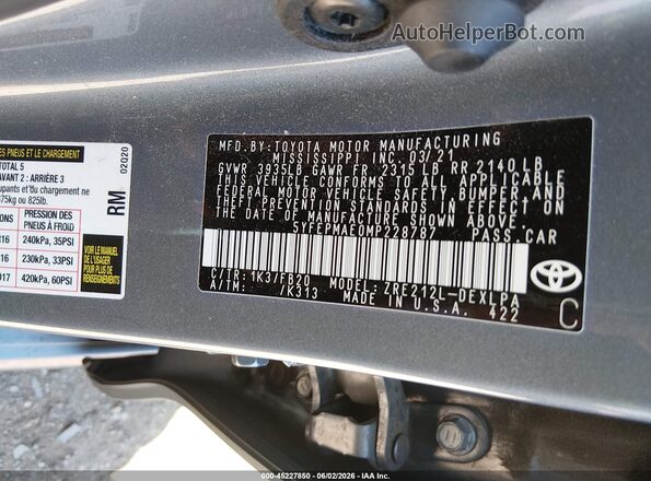 5YFEPMAE0MP228787 2021 TOYOTA COROLLA Серый 
