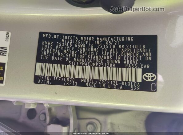 5YFEPMAE0MP251289 2021 TOYOTA COROLLA Gray Շարժիչի բաժամունքի տեսք