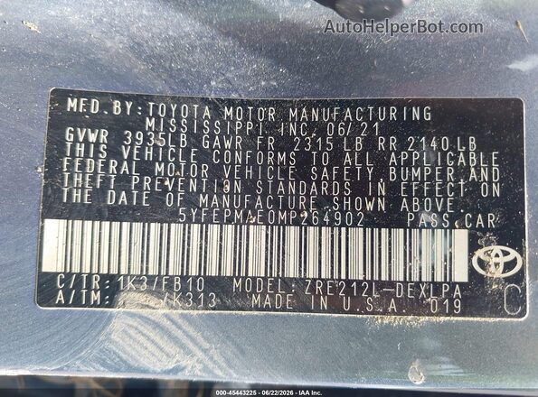5YFEPMAE0MP264902 2021 TOYOTA COROLLA Blue Շարժիչի բաժամունքի տեսք