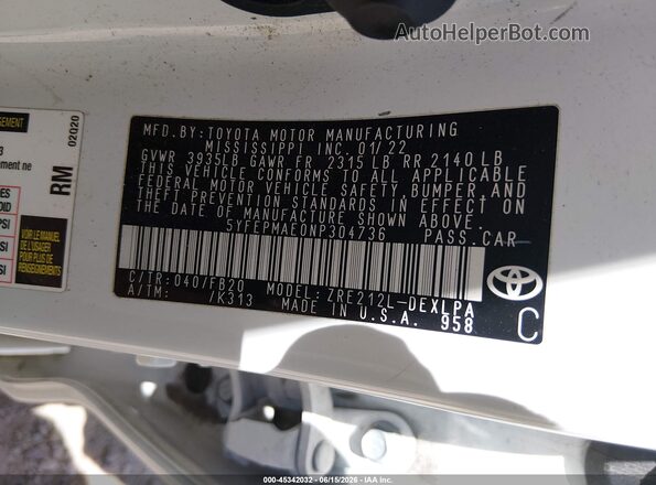 5YFEPMAE0NP304736 2022 TOYOTA COROLLA White Widok komory silnika