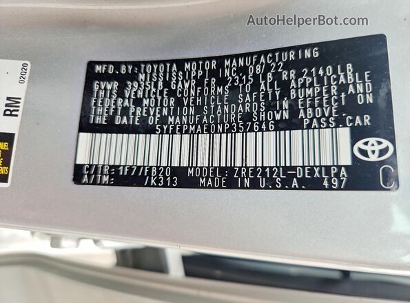 5YFEPMAE0NP357646 2022 TOYOTA COROLLA Silver Engine compartment view