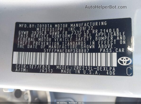5YFEPMAE0NP368887 2022 TOYOTA COROLLA Silver ძრავის განყოფილების ხედი
