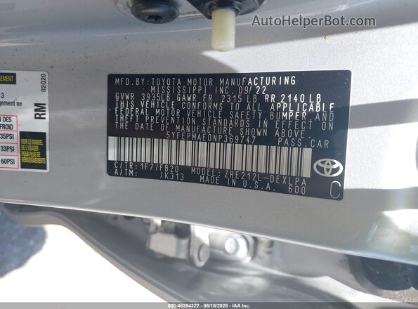 5YFEPMAE0NP369747 2022 TOYOTA COROLLA Silver Engine compartment view