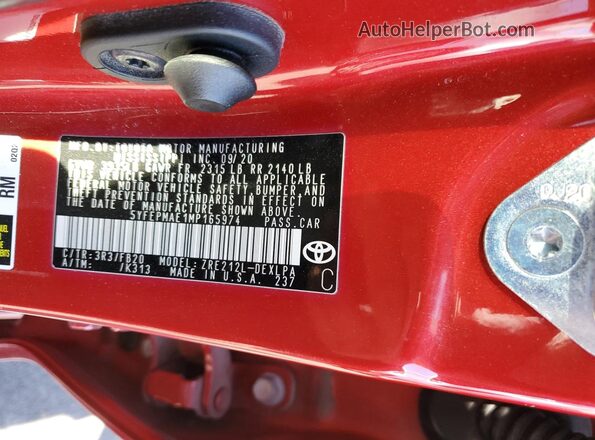 5YFEPMAE1MP165974 2021 TOYOTA COROLLA Red VIN კოდის სტიკერის ხედი