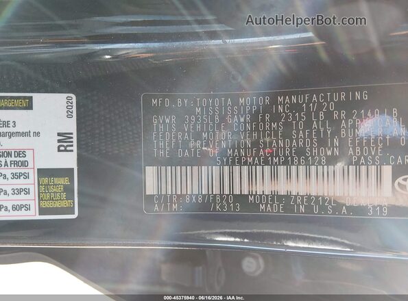 5YFEPMAE1MP186128 2021 TOYOTA COROLLA Blue Вид підкапотного простору