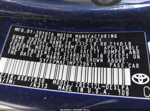 5YFEPMAE1MP229611 2021 TOYOTA COROLLA Blue Vista del compartimento del motor