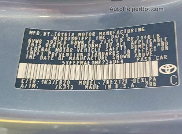 5YFEPMAE1MP234064 2021 TOYOTA COROLLA Gray 