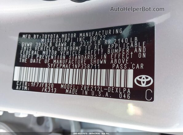 5YFEPMAE1NP358711 2022 TOYOTA COROLLA Silver Widok komory silnika