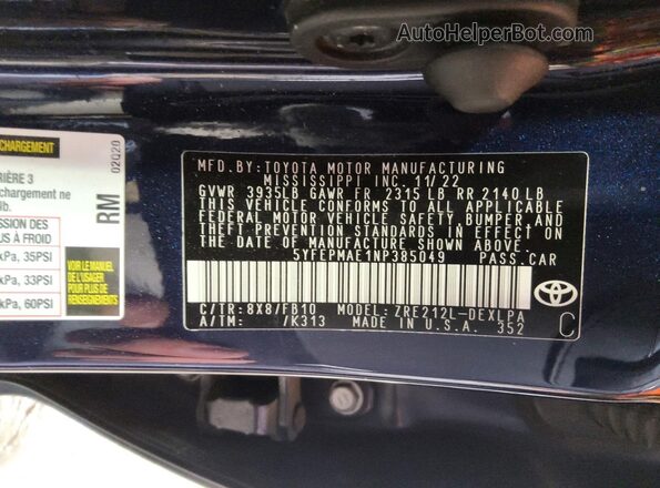 5YFEPMAE1NP385049 2022 TOYOTA COROLLA Синий 