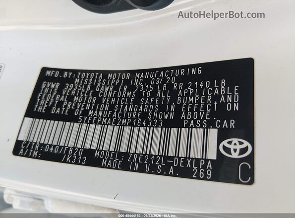 5YFEPMAE2MP164333 2021 TOYOTA COROLLA White Vista del compartimento del motor