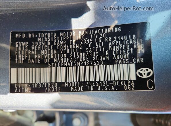 5YFEPMAE2MP187529 2021 TOYOTA COROLLA Blue 