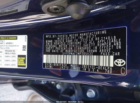 5YFEPMAE2MP205432 2021 TOYOTA COROLLA Dark Blue Engine compartment view