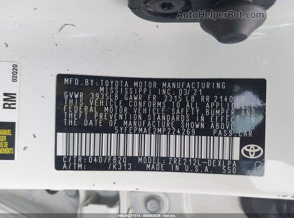 5YFEPMAE2MP224269 2021 TOYOTA COROLLA White Вид підкапотного простору
