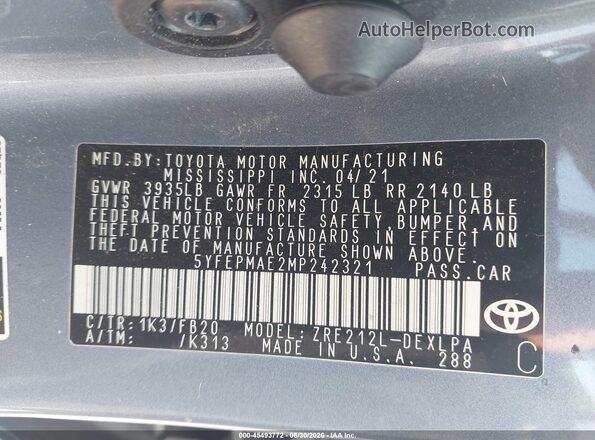 5YFEPMAE2MP242321 2021 TOYOTA COROLLA Blue Vista del compartimento del motor
