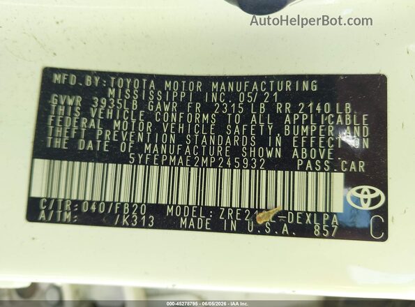 5YFEPMAE2MP245932 2021 TOYOTA COROLLA White Engine compartment view