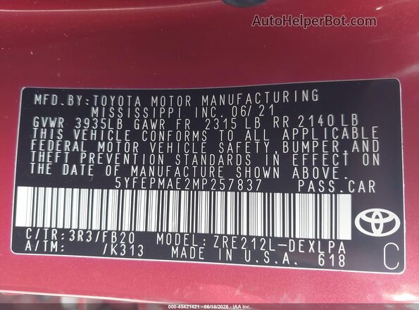 5YFEPMAE2MP257837 2021 TOYOTA COROLLA Red Widok komory silnika
