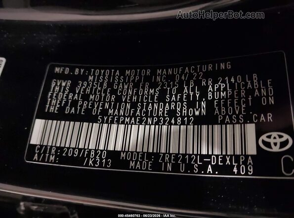 5YFEPMAE2NP324812 2022 TOYOTA COROLLA Black Вид підкапотного простору