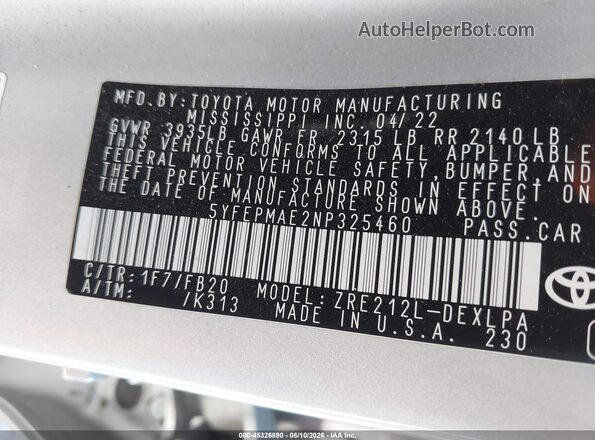 5YFEPMAE2NP325460 2022 TOYOTA COROLLA Silver Вид підкапотного простору