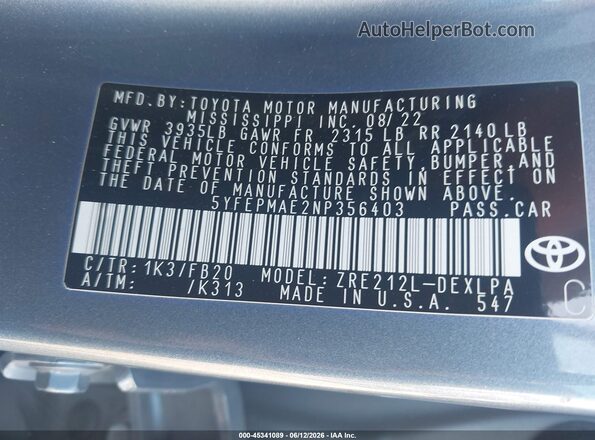 5YFEPMAE2NP356403 2022 TOYOTA COROLLA Gray Vista del compartimento del motor