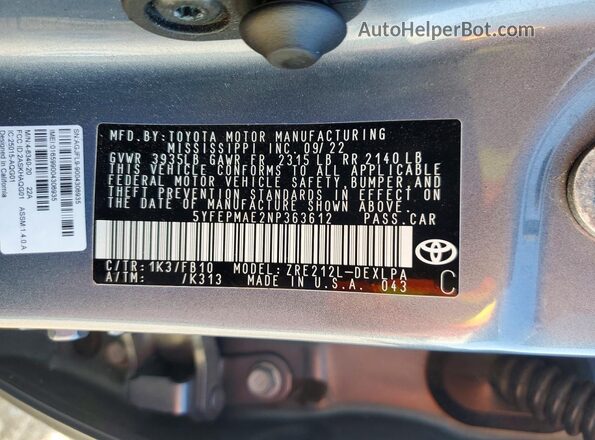 5YFEPMAE2NP363612 2022 TOYOTA COROLLA Gray Engine compartment view