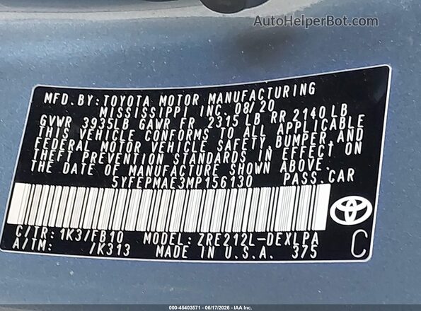 5YFEPMAE3MP156130 2021 TOYOTA COROLLA Gray Widok komory silnika