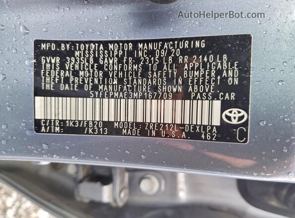 5YFEPMAE3MP167709 2021 TOYOTA COROLLA Turquoise 