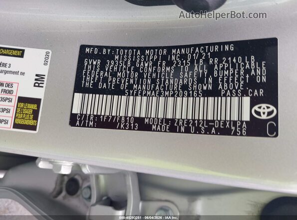 5YFEPMAE3MP209165 2021 TOYOTA COROLLA Серый Вид подкапотного пространства
