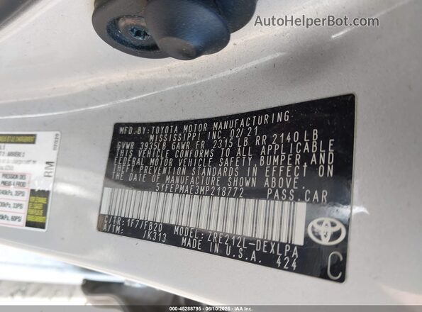 5YFEPMAE3MP218772 2021 TOYOTA COROLLA Silver Вид підкапотного простору