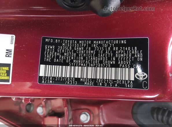 5YFEPMAE3NP289729 2022 TOYOTA COROLLA Red 