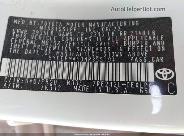 5YFEPMAE3NP355194 2022 TOYOTA COROLLA White Vista del compartimento del motor
