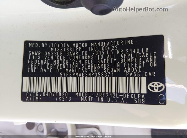 5YFEPMAE3NP358371 2022 TOYOTA COROLLA White Շարժիչի բաժամունքի տեսք