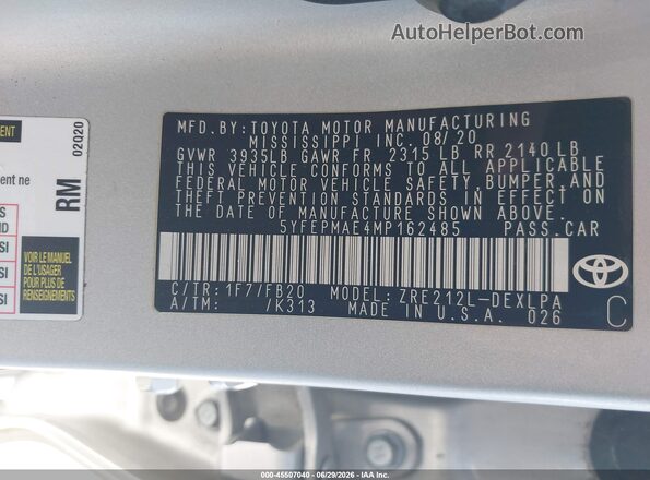 5YFEPMAE4MP162485 2021 TOYOTA COROLLA Silver Շարժիչի բաժամունքի տեսք
