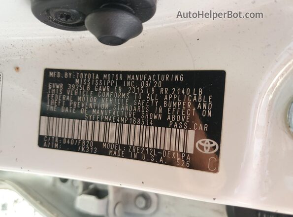 5YFEPMAE4MP168514 2021 TOYOTA COROLLA Белый Вид наклейки с VIN-кодом