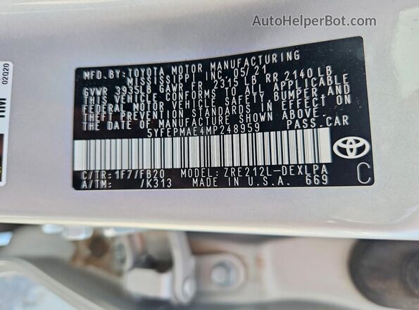 5YFEPMAE4MP248959 2021 TOYOTA COROLLA Silver Вид наклейки з VIN-кодом