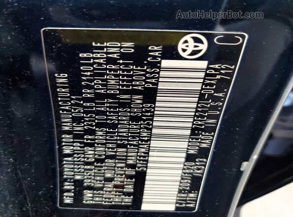 5YFEPMAE4MP251439 2021 TOYOTA COROLLA Черный 