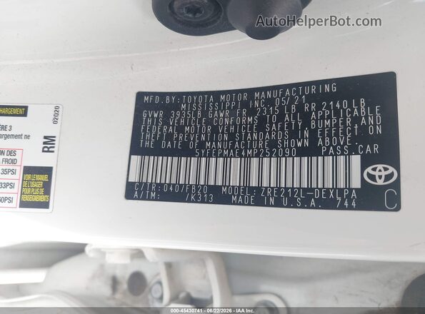 5YFEPMAE4MP252090 2021 TOYOTA COROLLA White Widok komory silnika