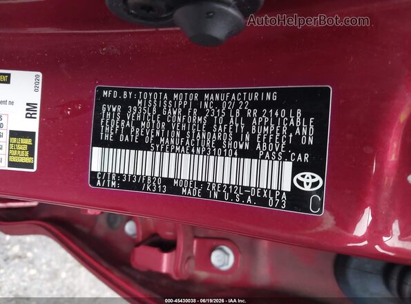 5YFEPMAE4NP310104 2022 TOYOTA COROLLA Red Շարժիչի բաժամունքի տեսք