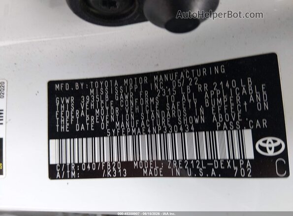 5YFEPMAE4NP330434 2022 TOYOTA COROLLA White Widok komory silnika