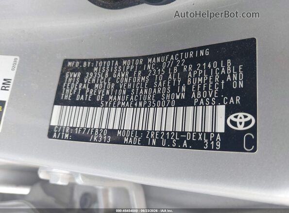 5YFEPMAE4NP350070 2022 TOYOTA COROLLA Серебряный Вид подкапотного пространства
