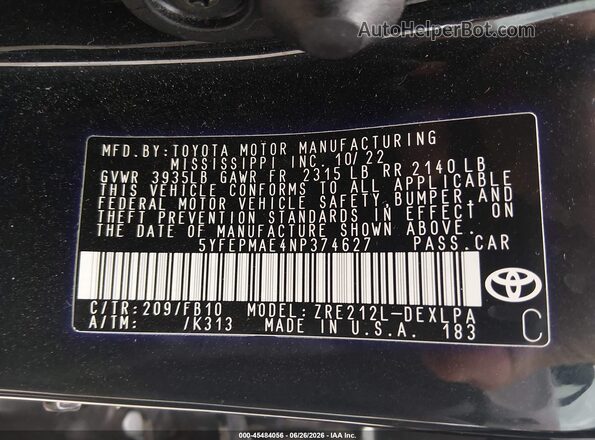 5YFEPMAE4NP374627 2022 TOYOTA COROLLA Black Engine compartment view