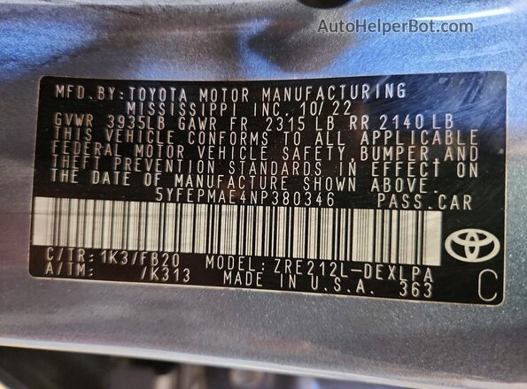 5YFEPMAE4NP380346 2022 TOYOTA COROLLA Blue 