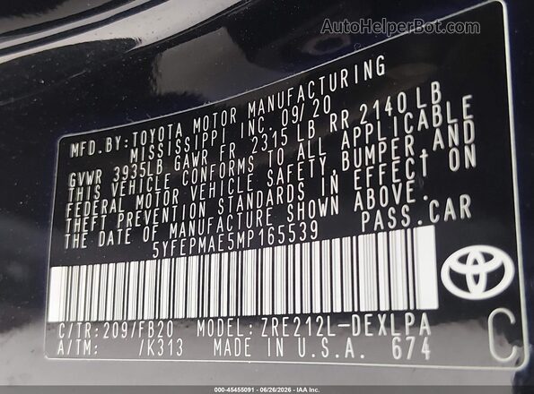 5YFEPMAE5MP165539 2021 TOYOTA COROLLA Black Vista del compartimento del motor