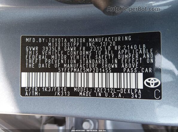5YFEPMAE5MP201455 2021 TOYOTA COROLLA Синий Вид подкапотного пространства