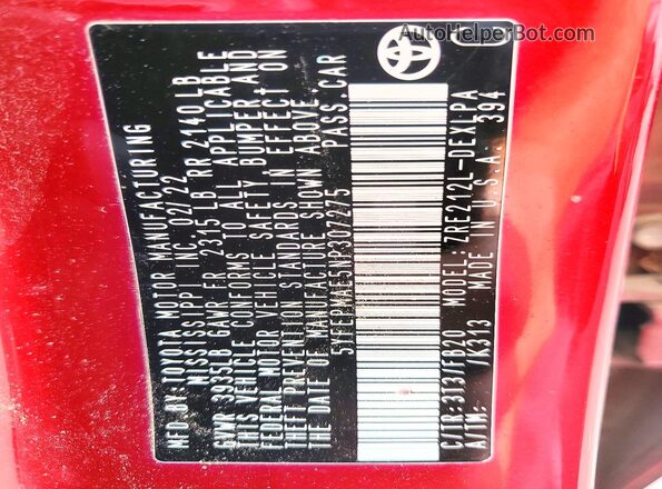 5YFEPMAE5NP307275 2022 TOYOTA COROLLA Maroon 