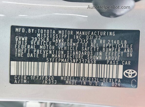 5YFEPMAE5NP317658 2022 TOYOTA COROLLA Silver Vista del compartimento del motor