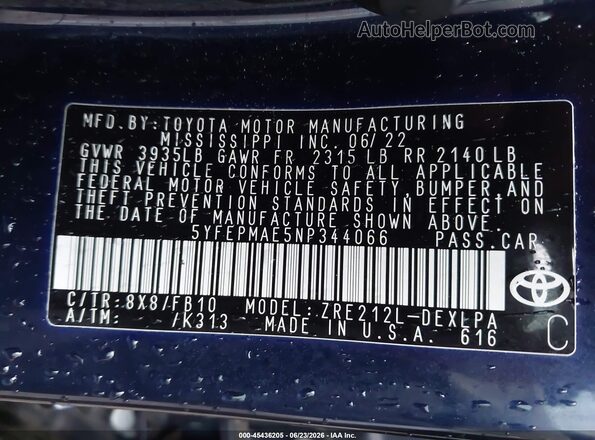5YFEPMAE5NP344066 2022 TOYOTA COROLLA Blue Շարժիչի բաժամունքի տեսք