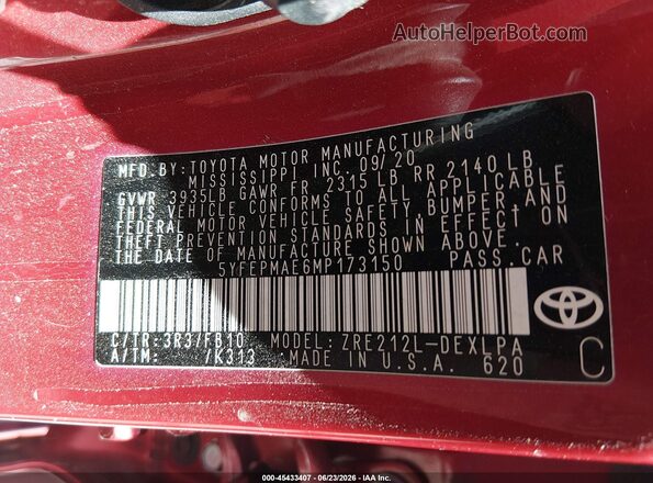 5YFEPMAE6MP173150 2021 TOYOTA COROLLA Red Engine compartment view