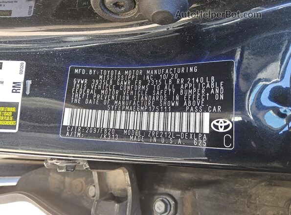 5YFEPMAE6MP175111 2021 TOYOTA COROLLA Black 
