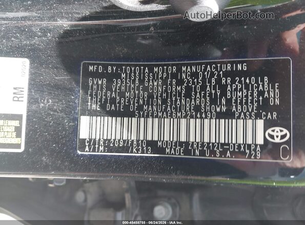 5YFEPMAE6MP214490 2021 TOYOTA COROLLA Black Engine compartment view
