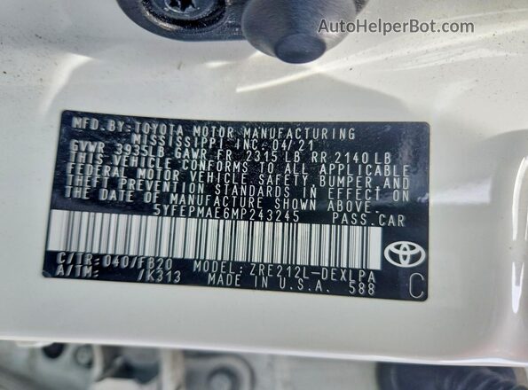 5YFEPMAE6MP243245 2021 TOYOTA COROLLA White Widok komory silnika